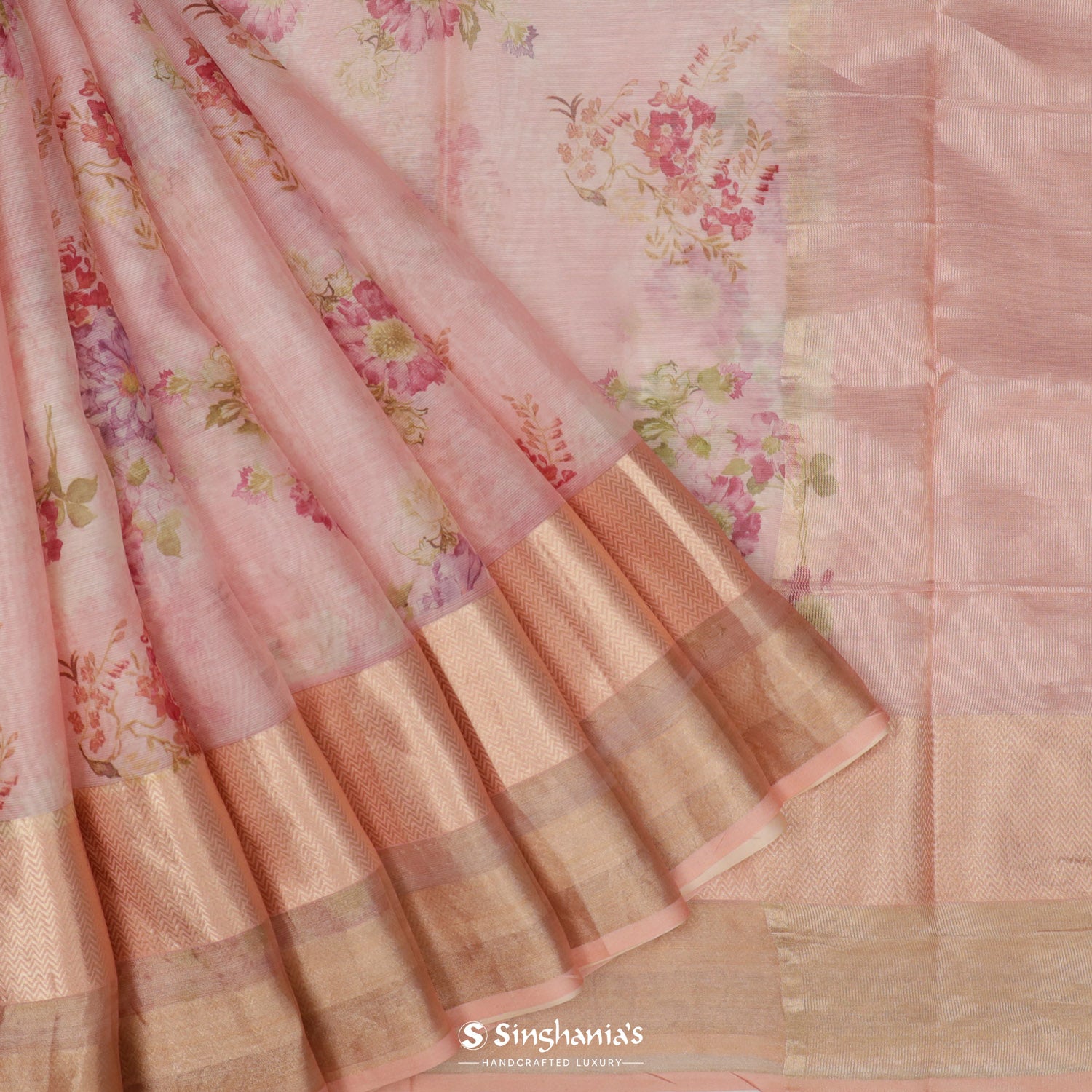 Pastel Pink Printed Maheshwari Saree With Floral Pattern