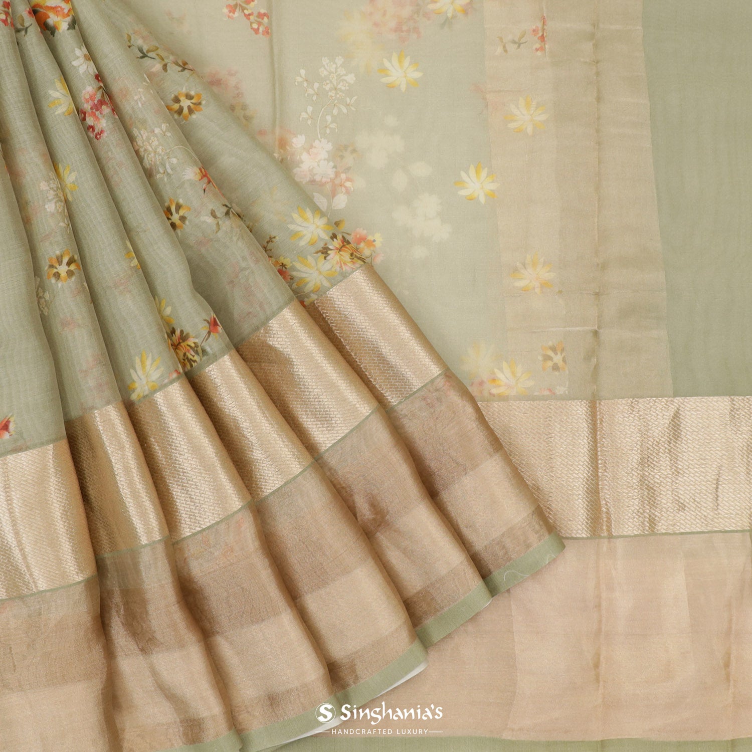 Swamp Green Printed Maheshwari Saree With Floral Pattern