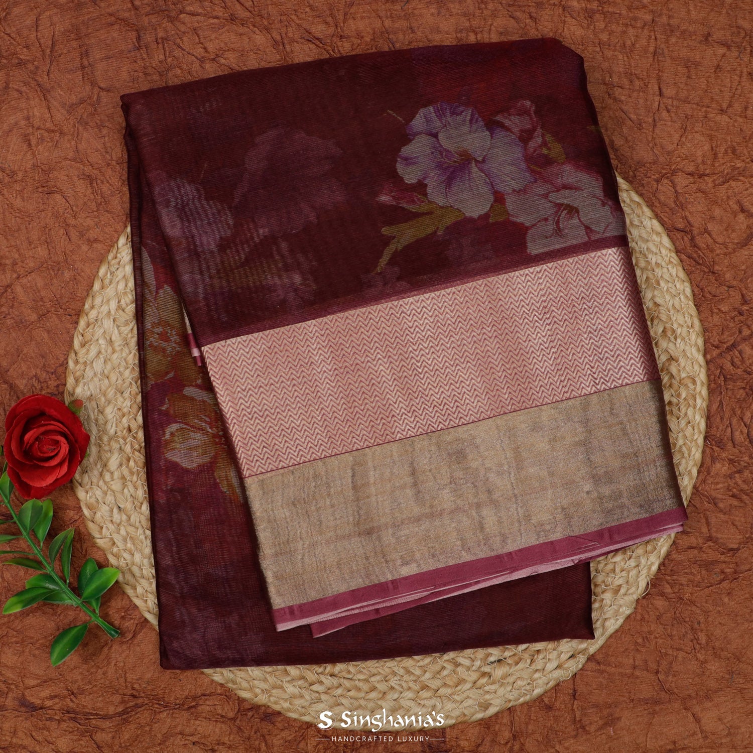 Mahogany Printed Maheshwari Saree With Floral Pattern