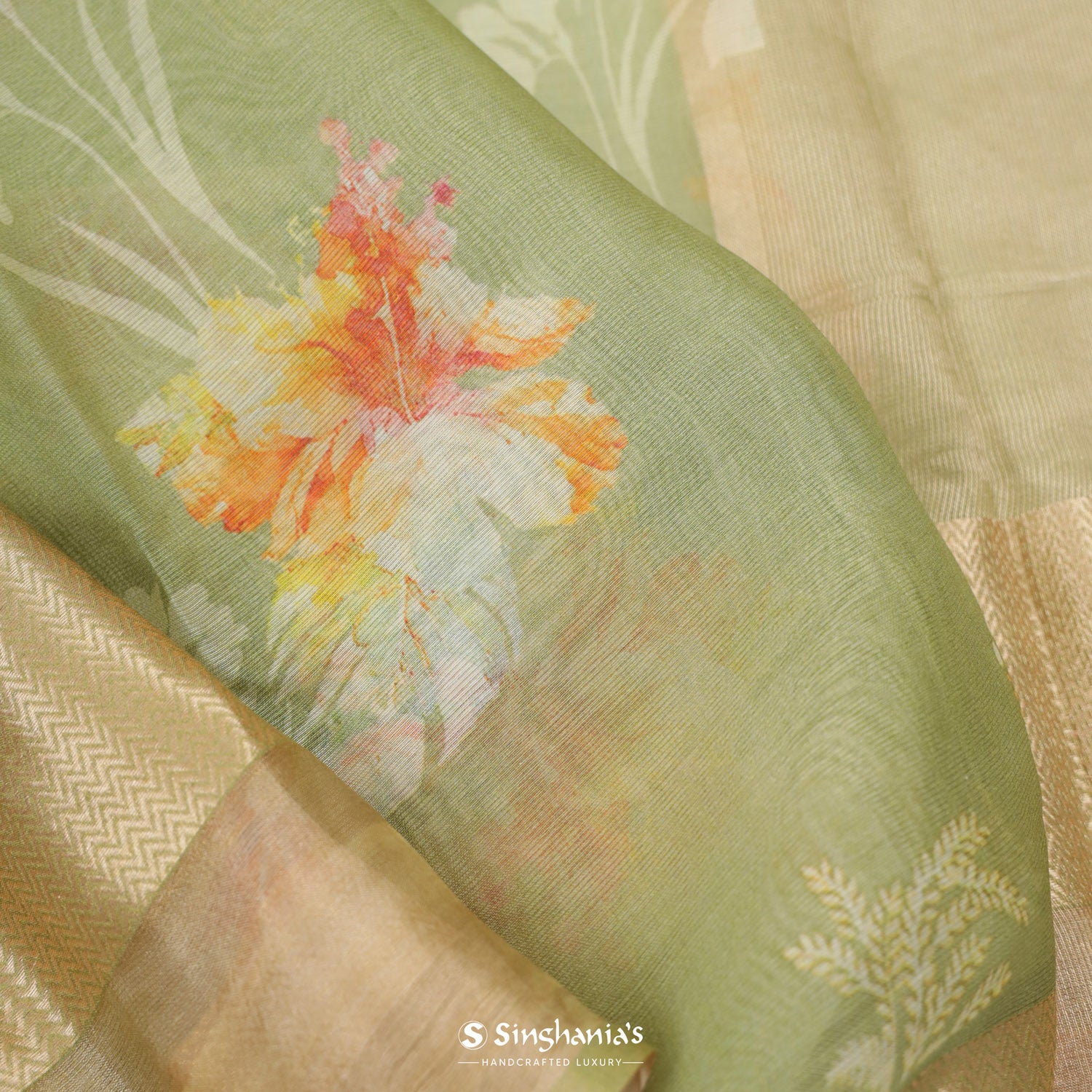 Celadon Green Printed Maheshwari Saree With Floral Pattern