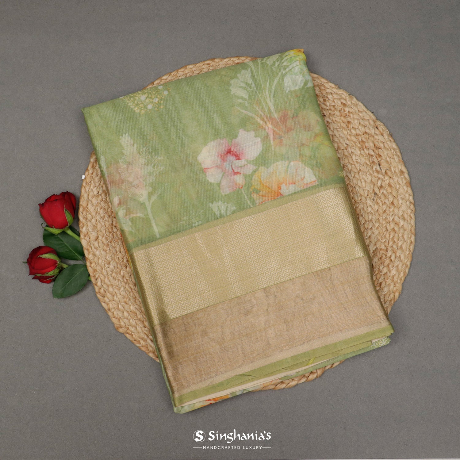 Celadon Green Printed Maheshwari Saree With Floral Pattern