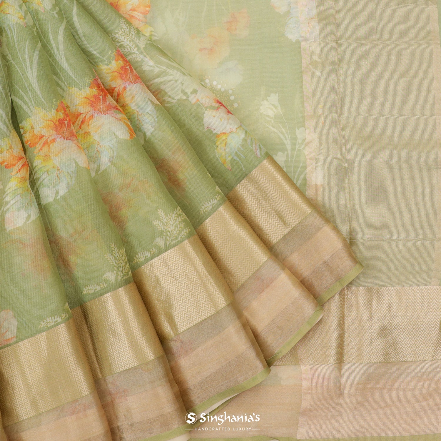 Celadon Green Printed Maheshwari Saree With Floral Pattern