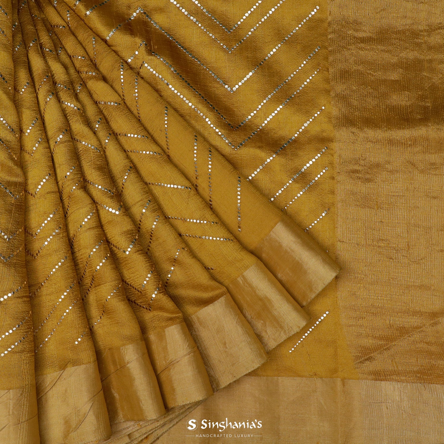 Goldenrod Yellow Dupion Silk Saree With Mukaish Work In Geometrical Pattern