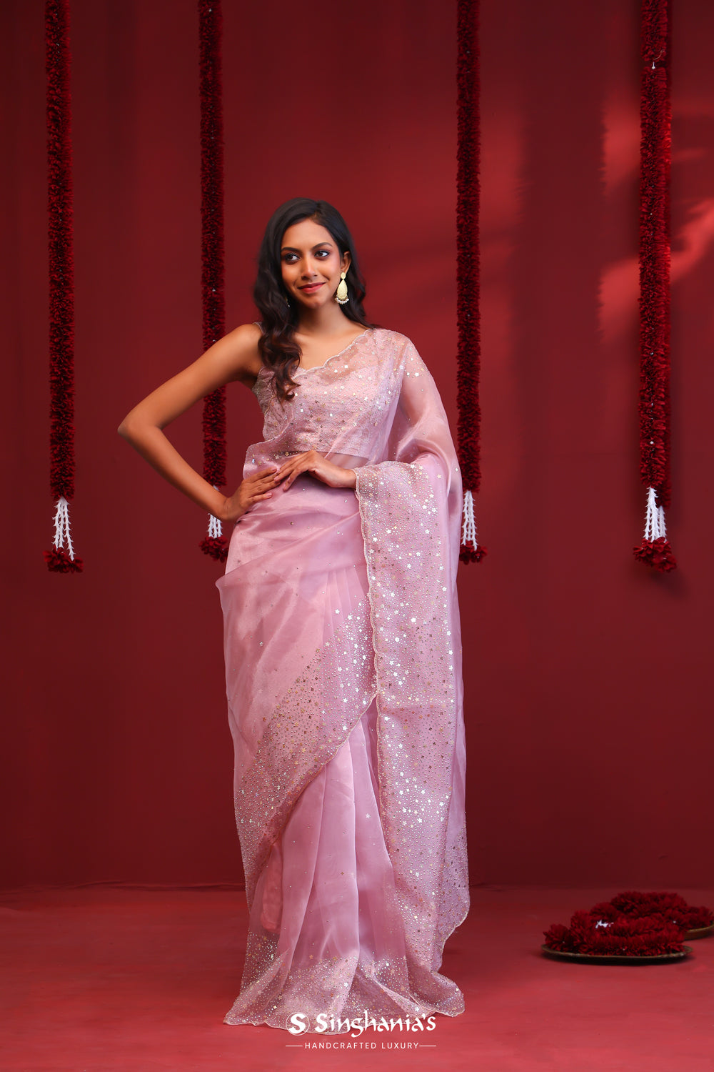 Pastel Pink Handcrafted Organza Saree