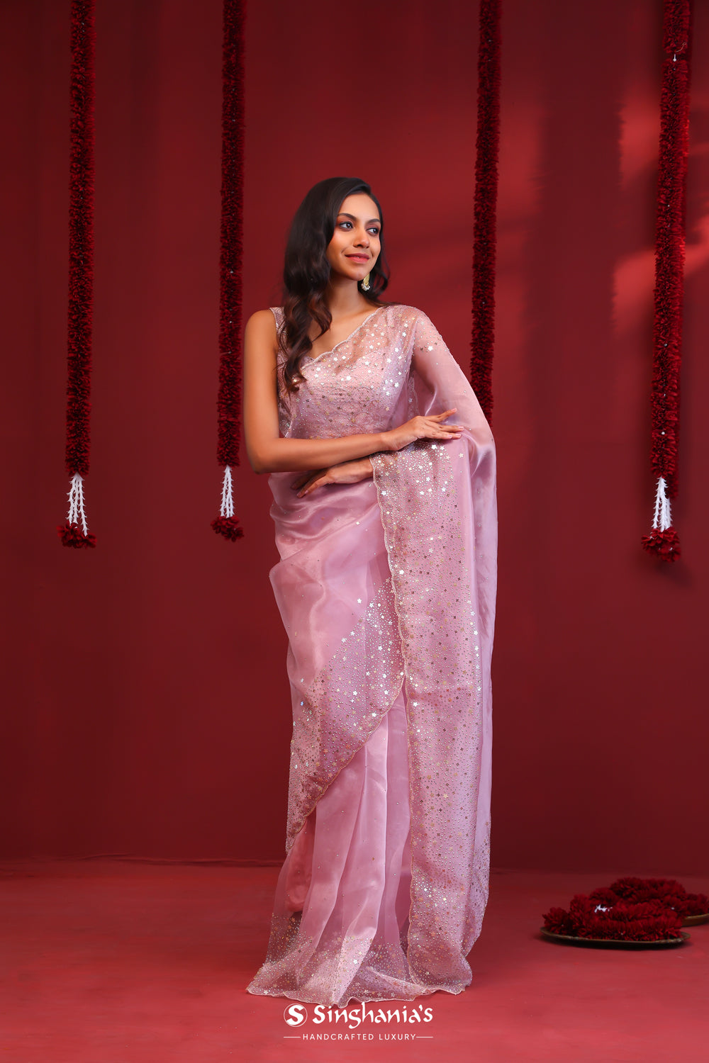 Pastel Pink Handcrafted Organza Saree