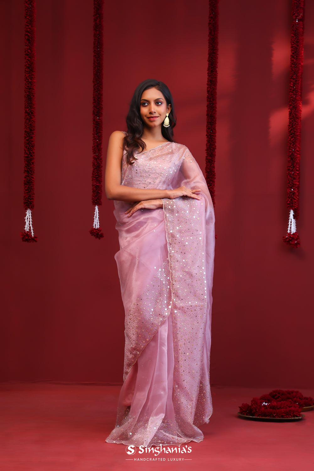 Pastel Pink Handcrafted Organza Saree