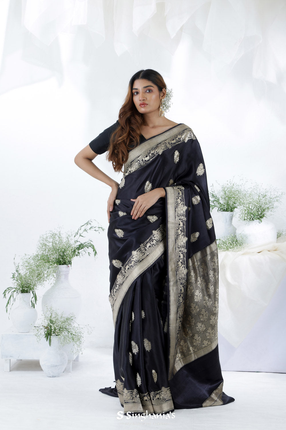 Black Blue Banarasi Mashru Silk Saree With Floral Motifs