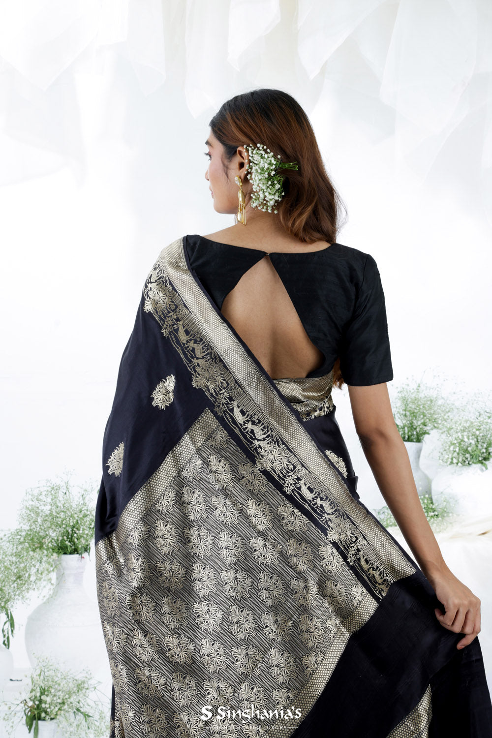Black Blue Banarasi Mashru Silk Saree With Floral Motifs