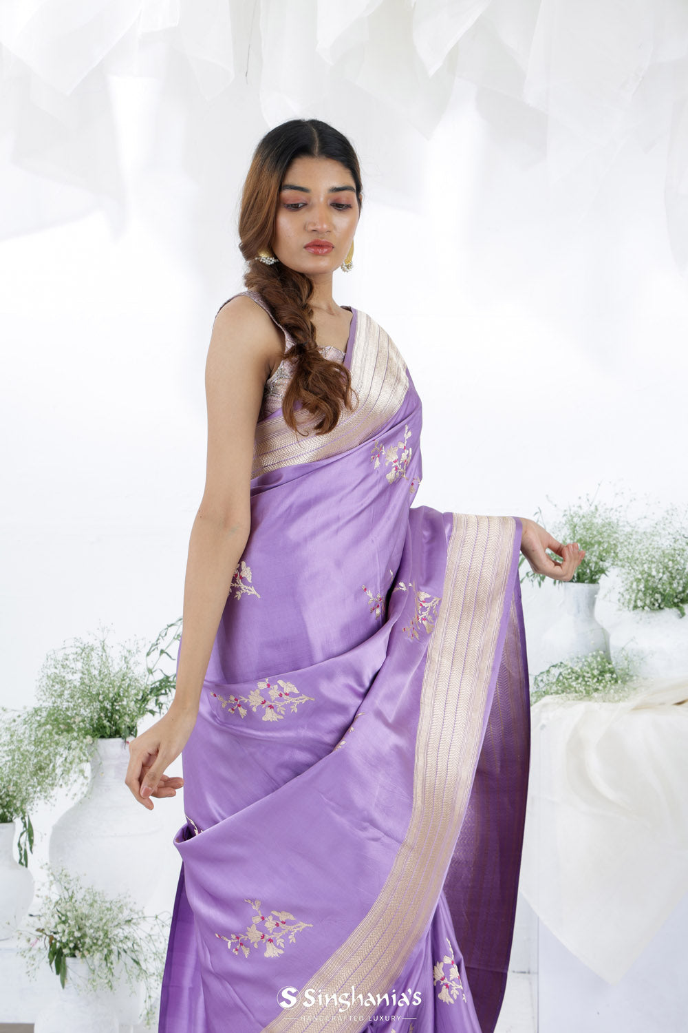 Iris Purple Banarasi Mashru Silk Saree With Floral Motifs