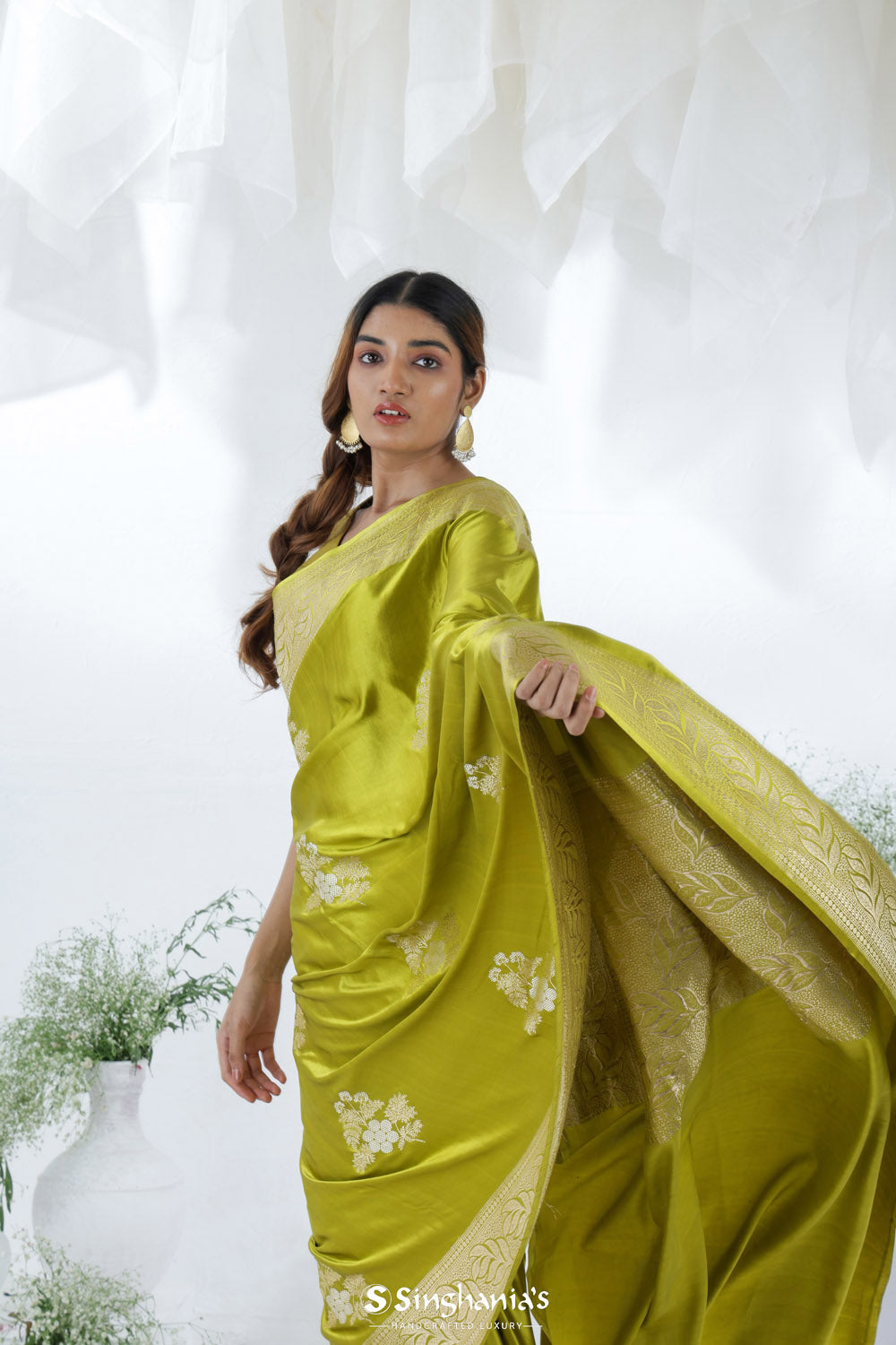 Chartreuse Green Banarasi Mashru Silk Saree With Floral Buttas