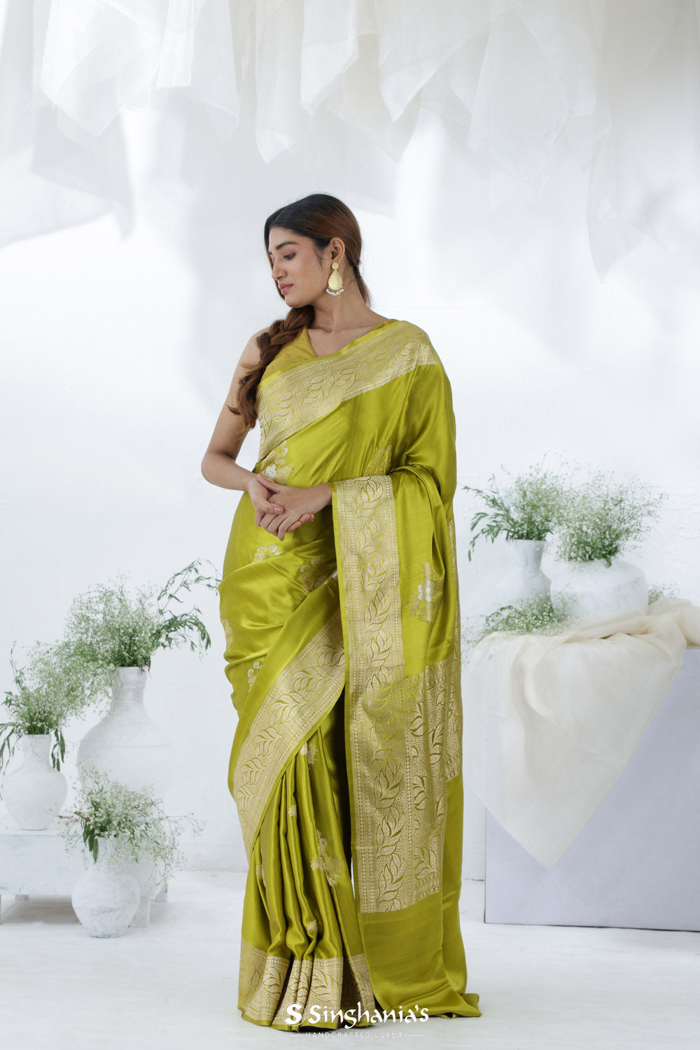 Chartreuse Green Banarasi Mashru Silk Saree With Floral Buttas