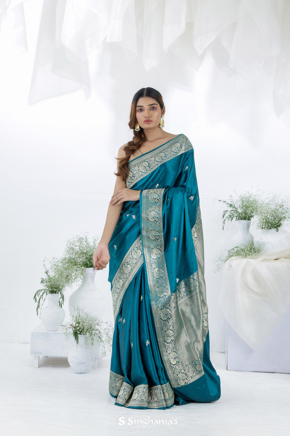 Blue Sapphire Banarasi Mashru Silk Saree With Bird Motifs
