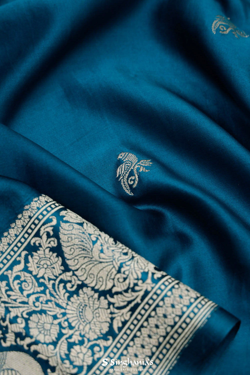 Blue Sapphire Banarasi Mashru Silk Saree With Bird Motifs