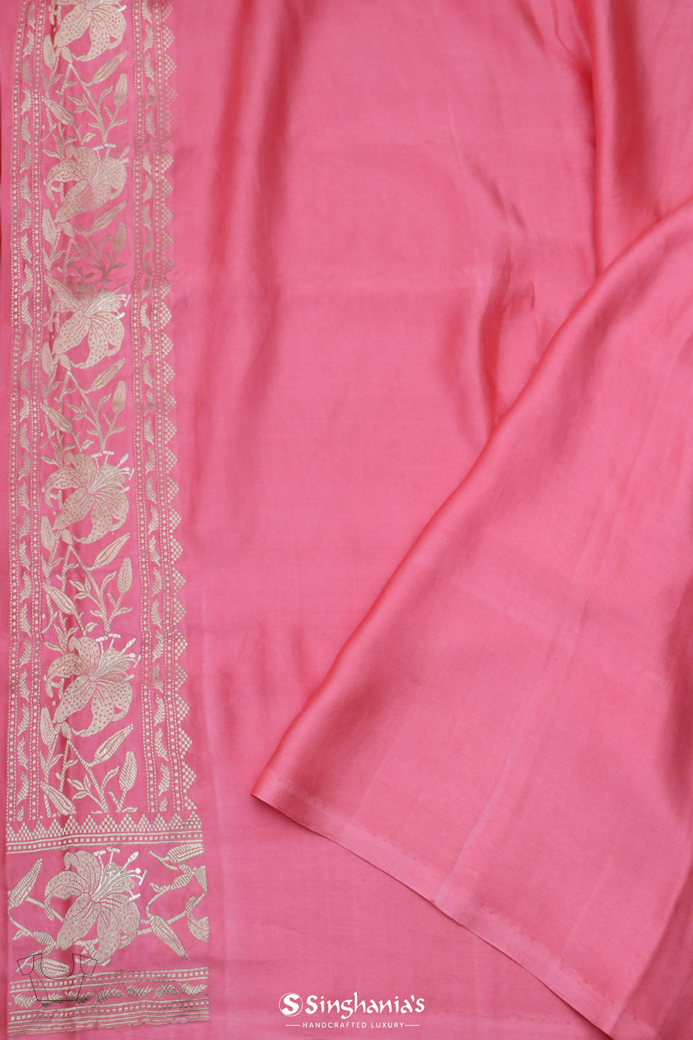 Watermelon Pink Banarasi Mashru Silk Saree With Floral Buttas