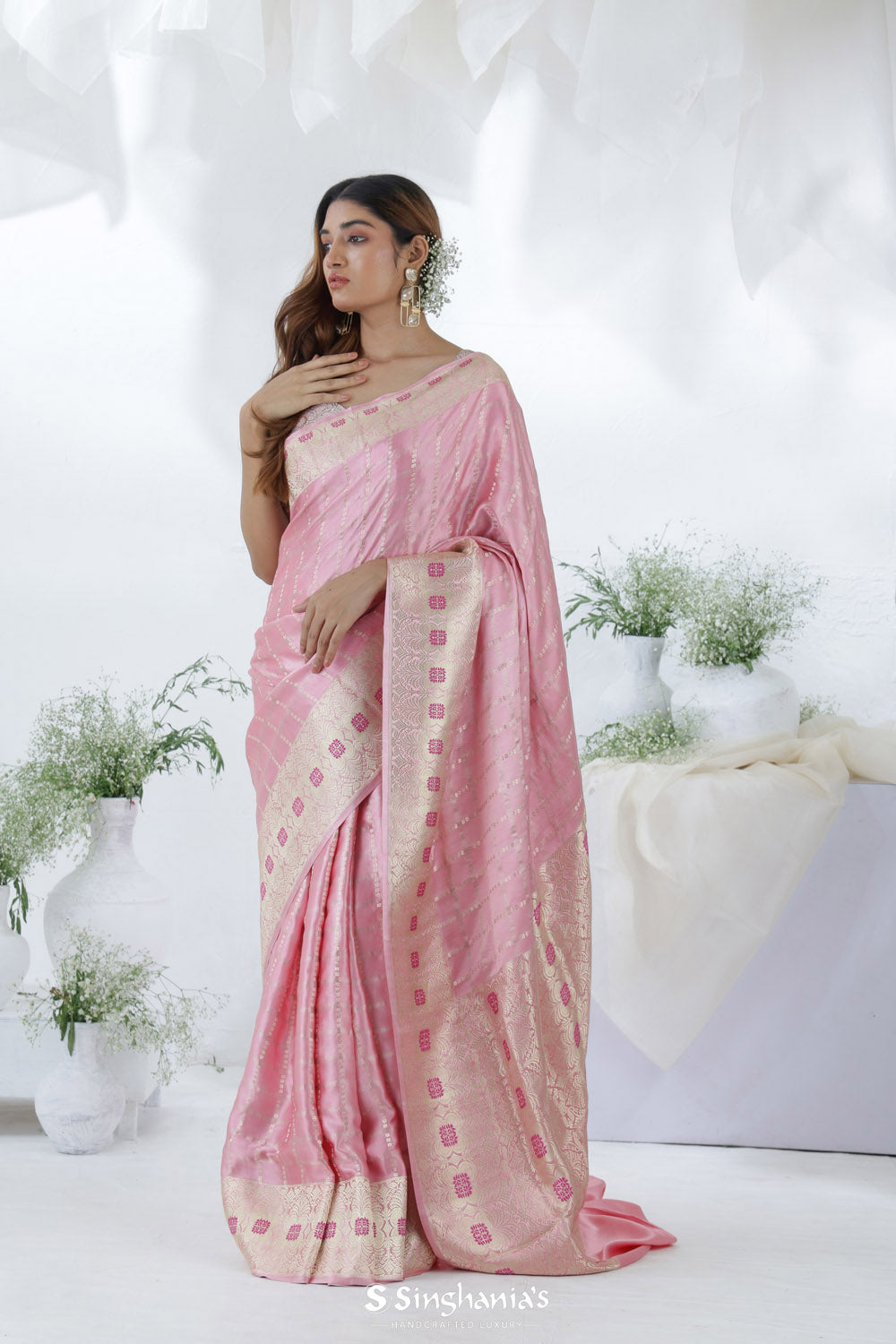 Flamingo Pink Banarasi Mashru Silk Saree With Zari Weaving