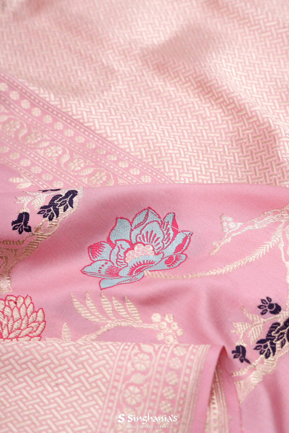 Flamingo Pink Banarasi Silk Saree With Floral-Bird Design