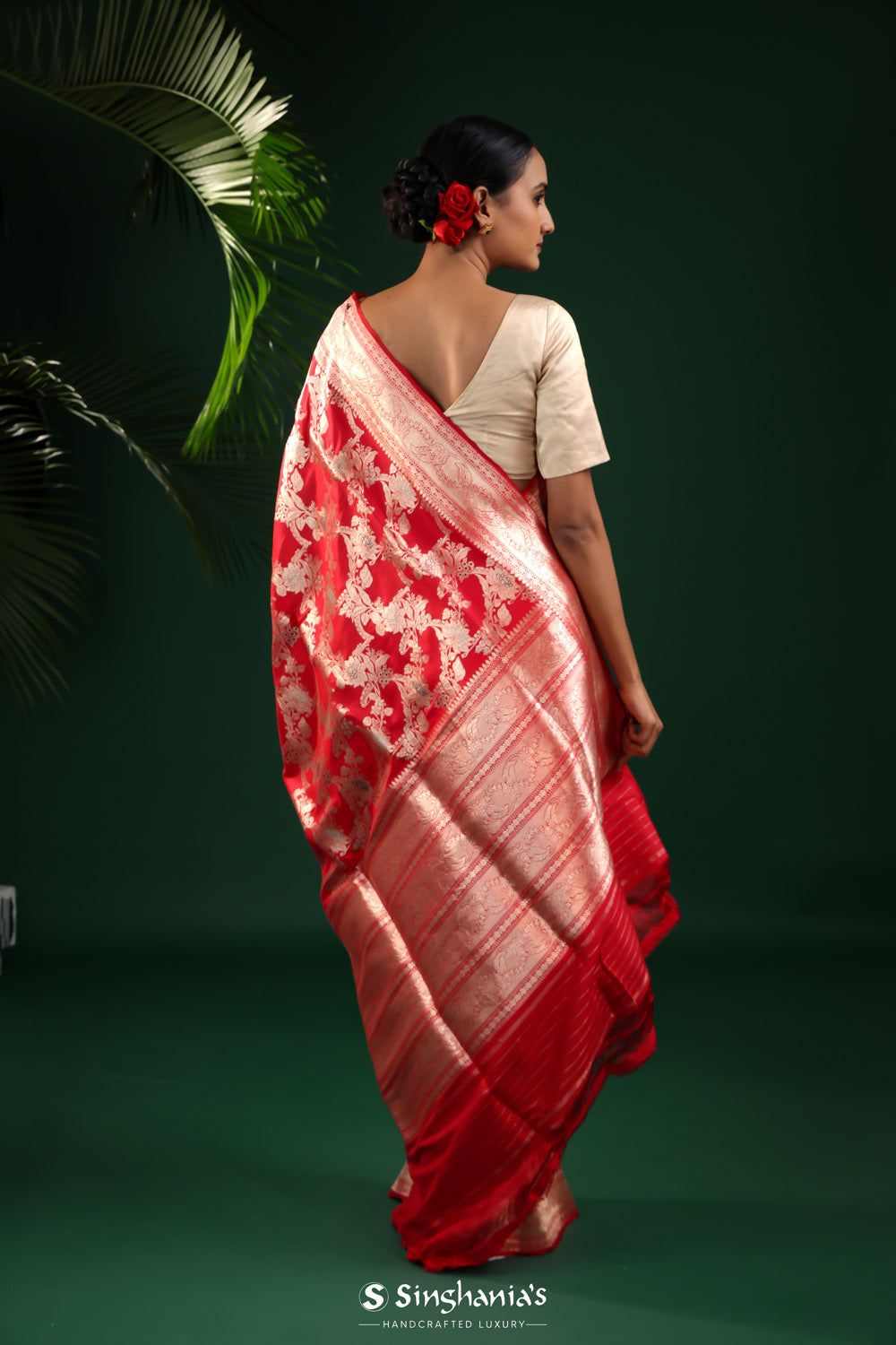 Cardinal Red Banarasi Silk Saree With Floral Elegance