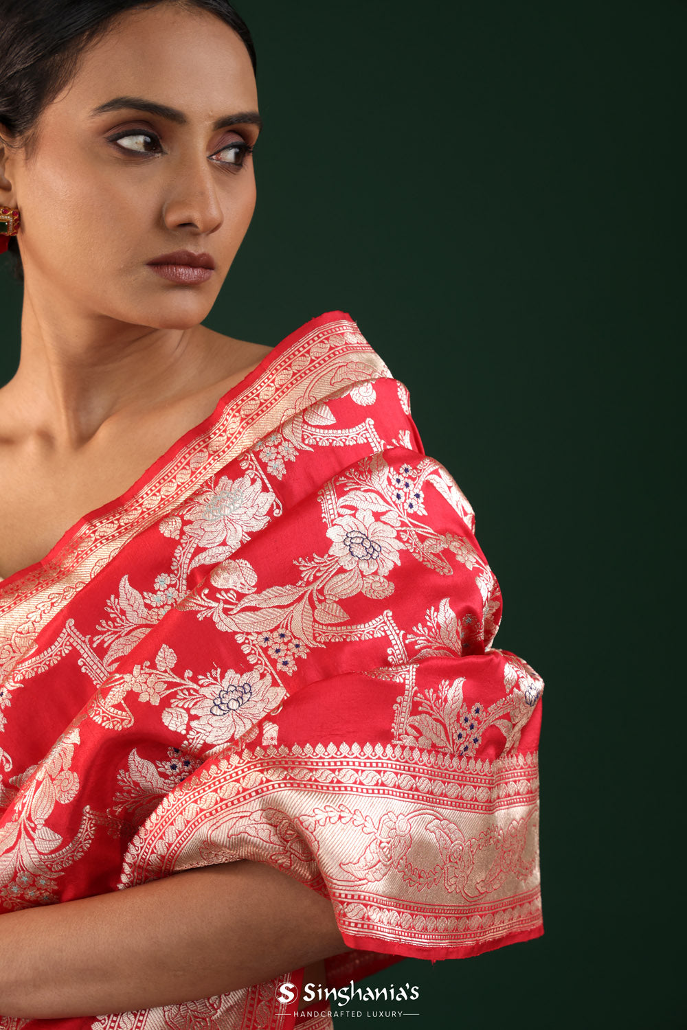 Cardinal Red Banarasi Silk Saree With Floral Elegance