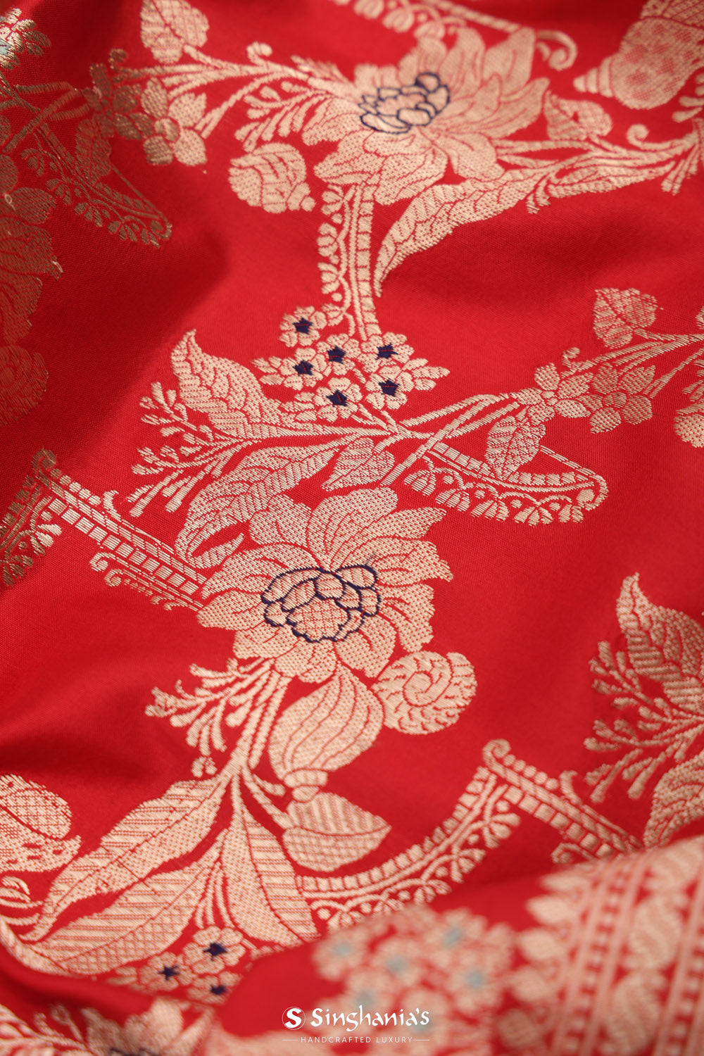 Cardinal Red Banarasi Silk Saree With Floral Elegance