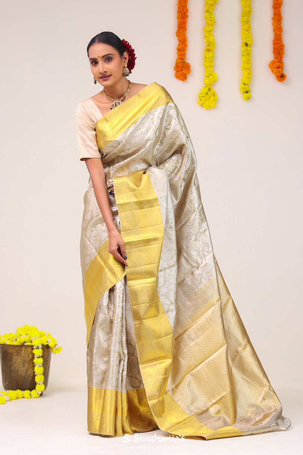 Celadon Gold Floral Paisley Kanjivaram Silk Saree