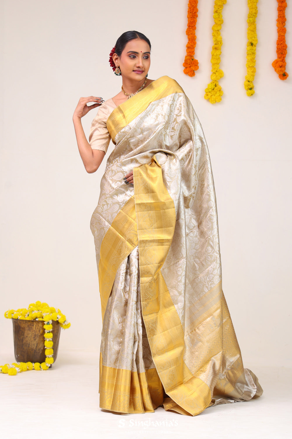 Celadon Gold Floral Paisley Kanjivaram Silk Saree