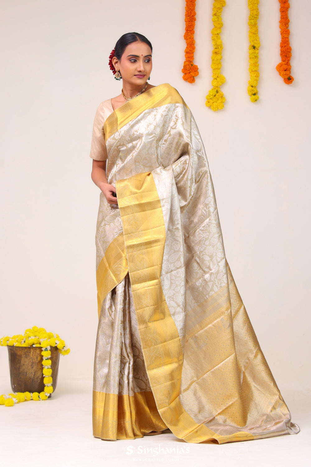 Celadon Gold Floral Paisley Kanjivaram Silk Saree