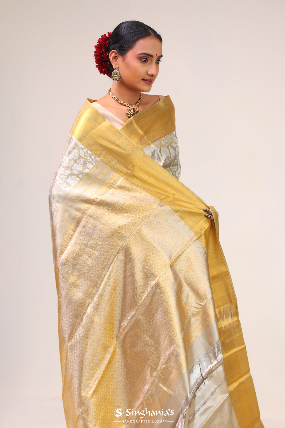 Celadon Gold Floral Paisley Kanjivaram Silk Saree