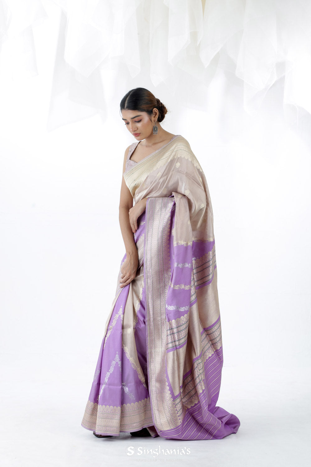 Brilliant Purple Banarasi Silk Saree With Floral Design