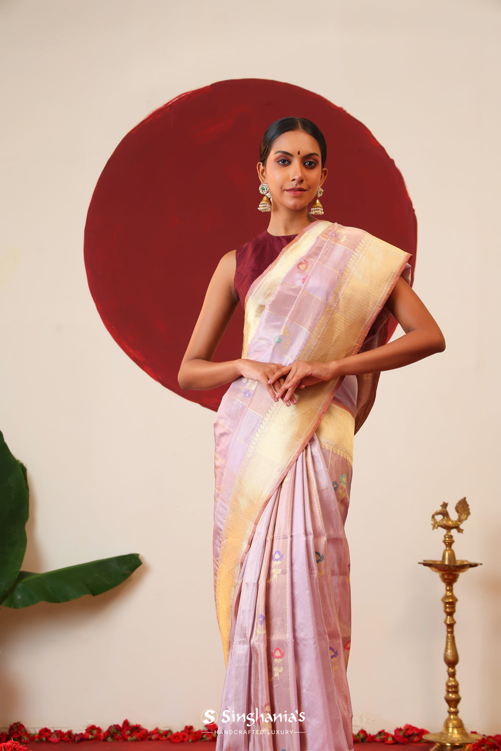 Pale Purple Banarasi Silk Saree With Floral Butti