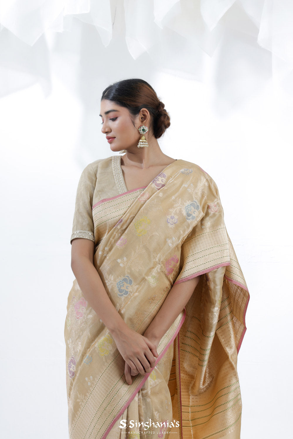 Pale Gold Banarasi Silk Saree With Floral Design