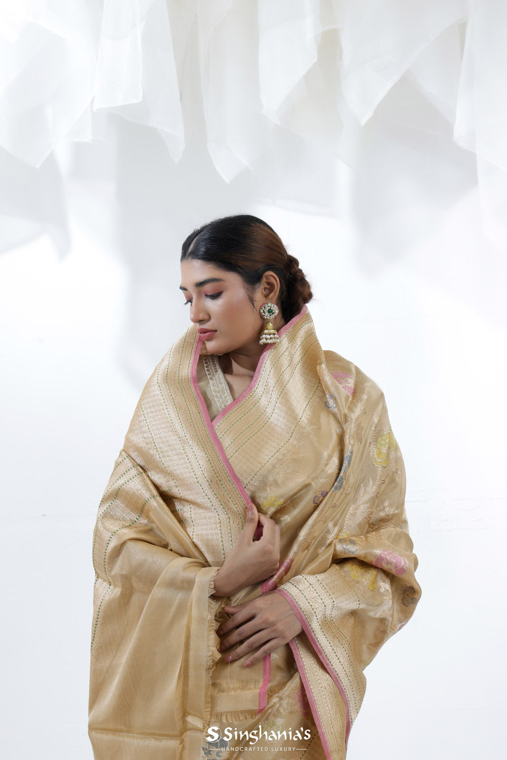 Pale Gold Banarasi Silk Saree With Floral Design