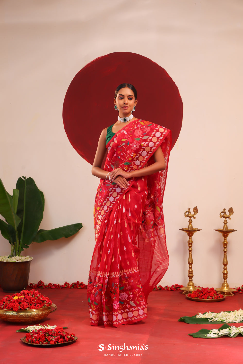 Rich Red Banarasi Silk Saree With Floral Weaves