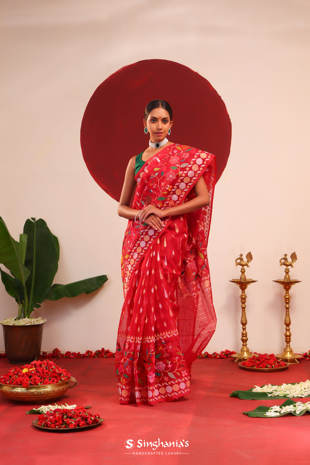 Rich Red Banarasi Silk Saree With Floral Weaves