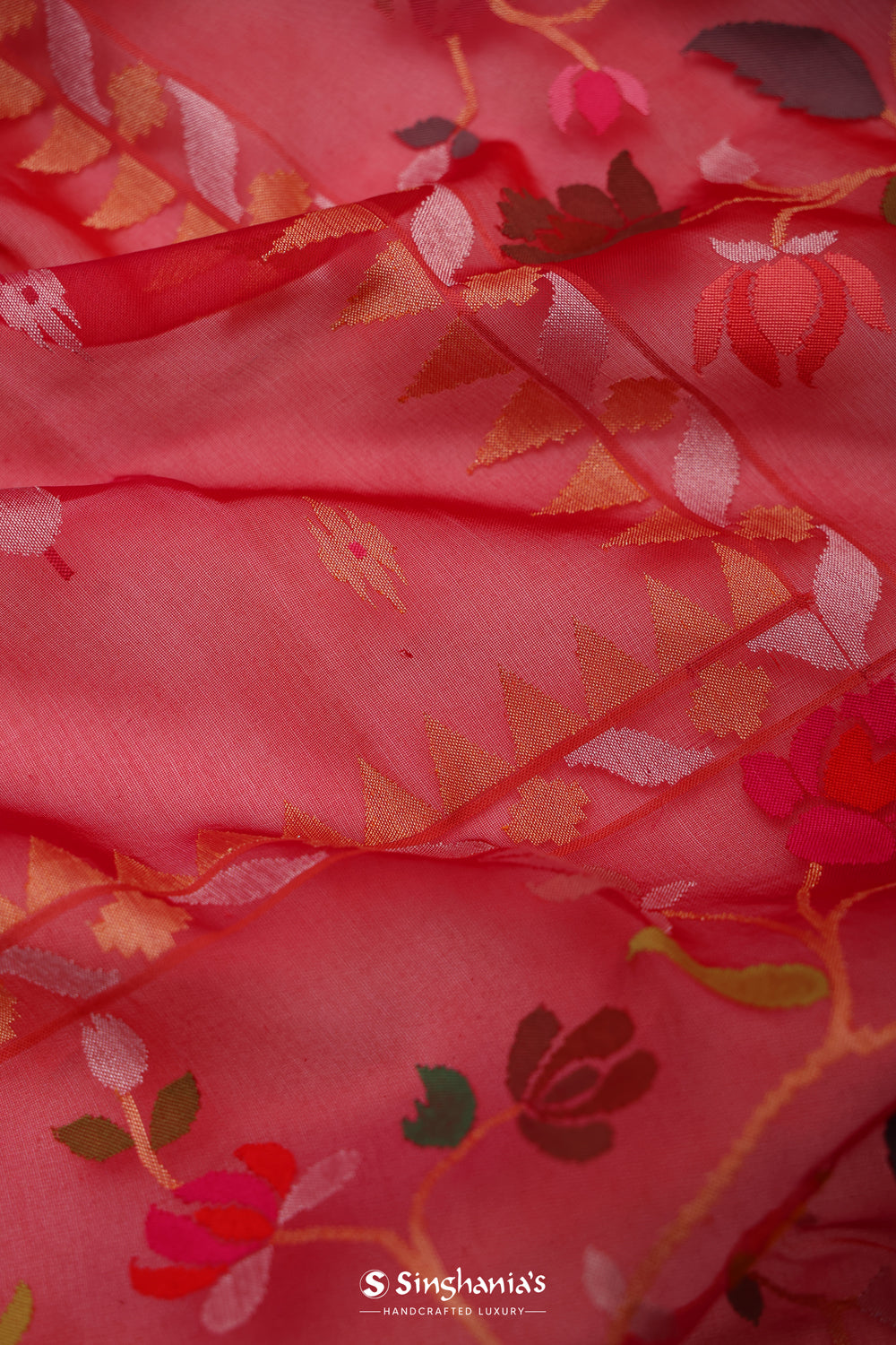 Rich Red Banarasi Silk Saree With Floral Weaves