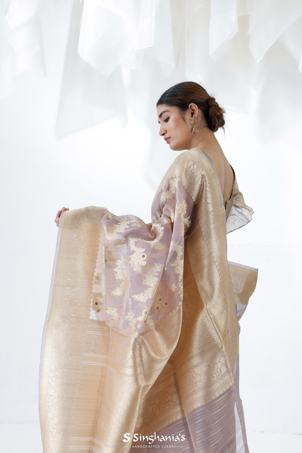 English Violet Jamdani Banarasi Silk Saree With Floral Design