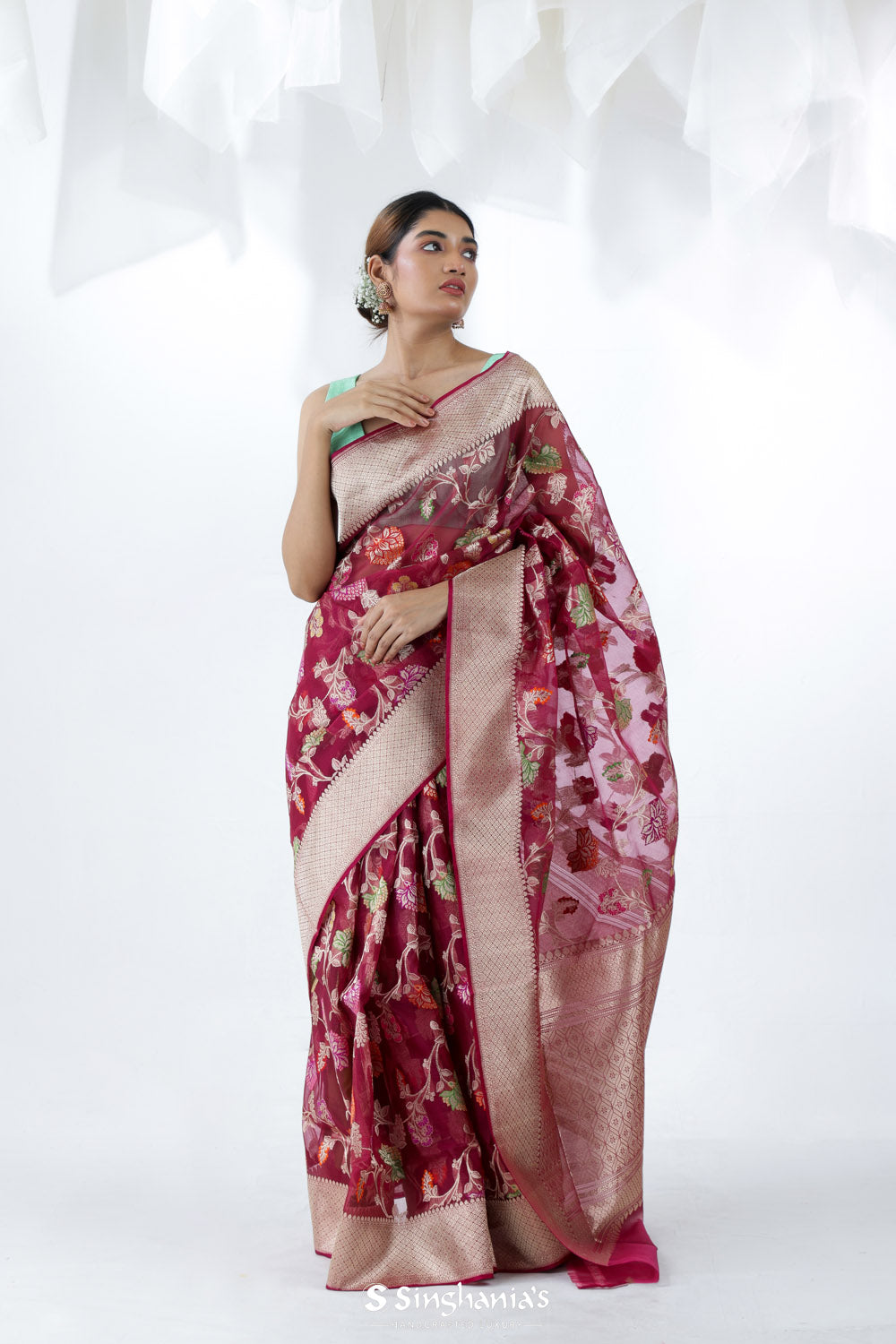 Pale Purple Jamdani Banarasi Silk Saree With Floral Design