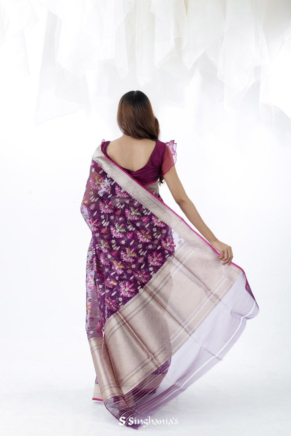 English Violet Jamdani Banarasi Silk Saree With Floral Design