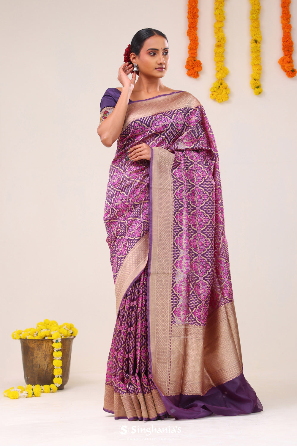 Dark Magenta Jaal Banarasi Silk Saree