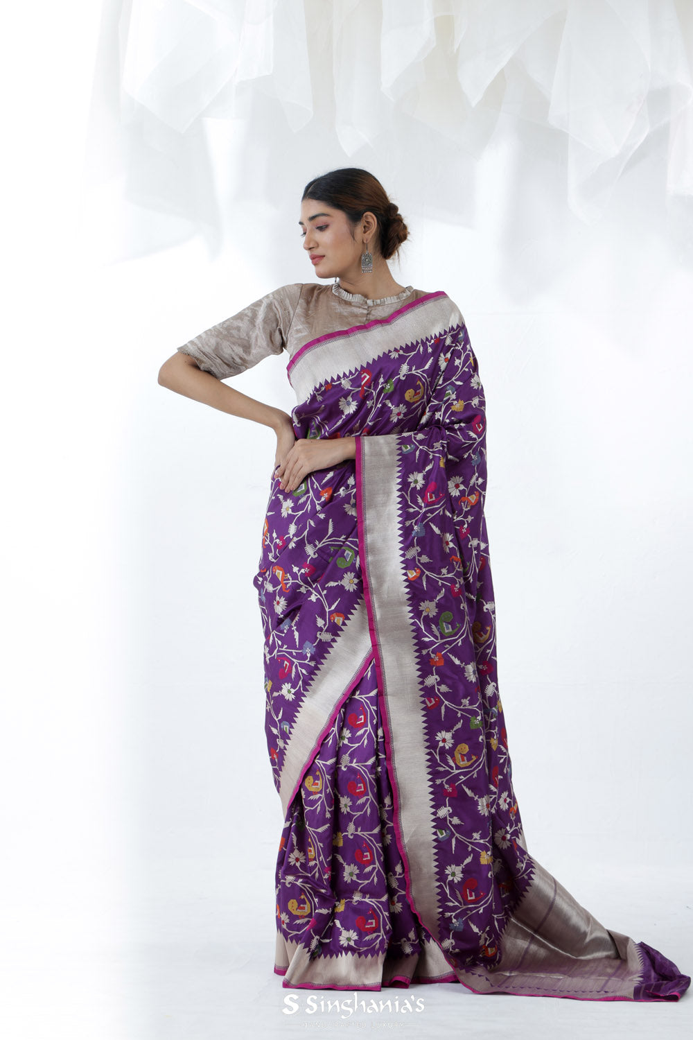 Eminence Purple Banarasi Silk Saree With Floral Design