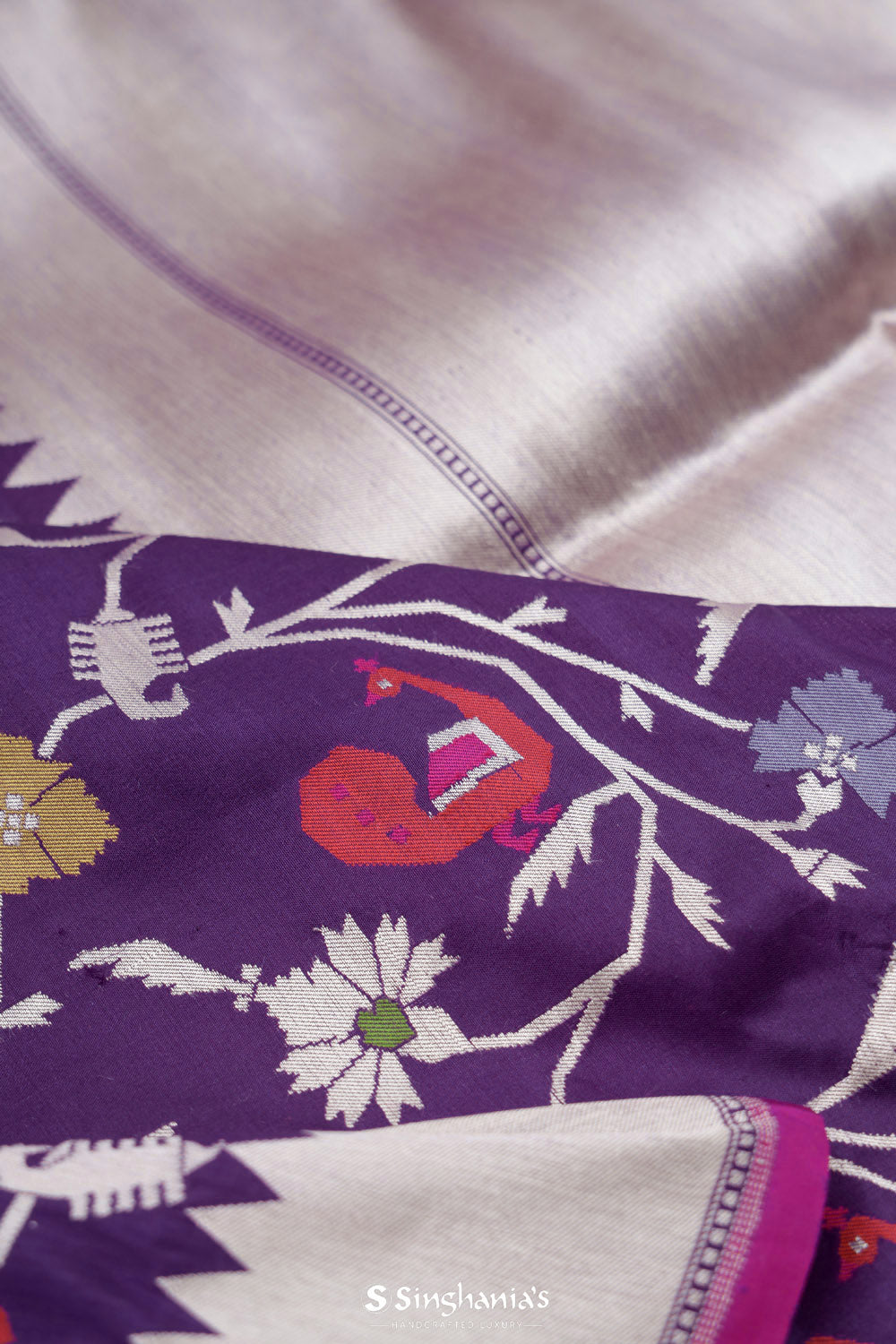 Eminence Purple Banarasi Silk Saree With Floral Design