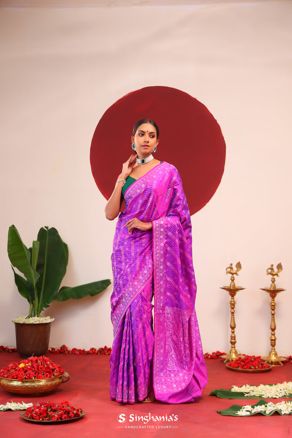 Phlox Purple Banarasi Silk Saree With Zari Weaves