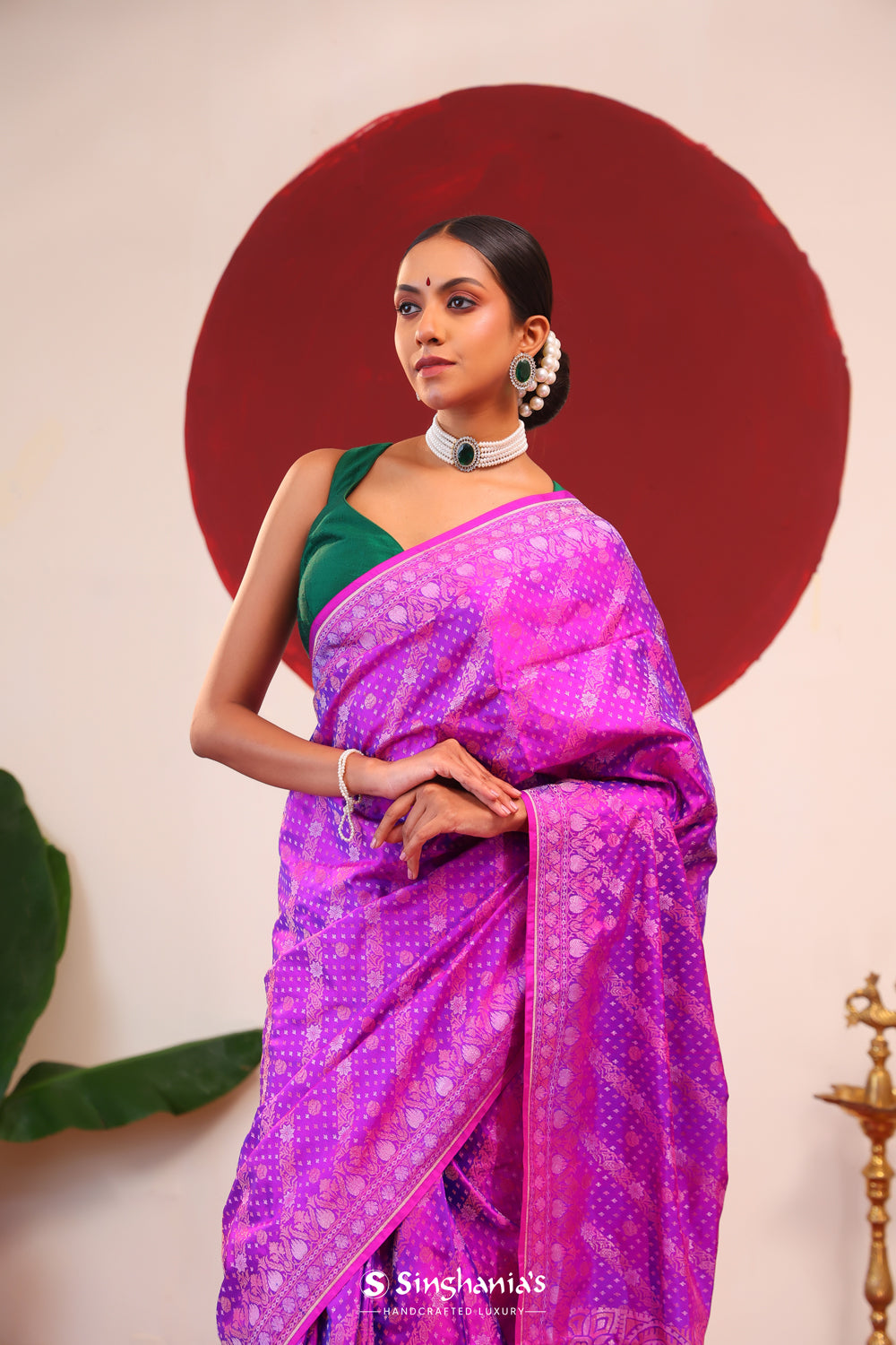 Phlox Purple Banarasi Silk Saree With Zari Weaves