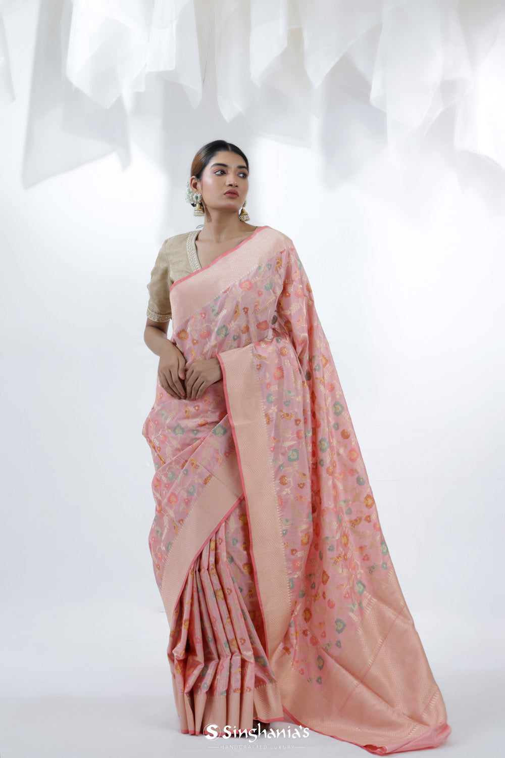 Nadeshiko Pink Banarasi Silk Saree With Floral Design