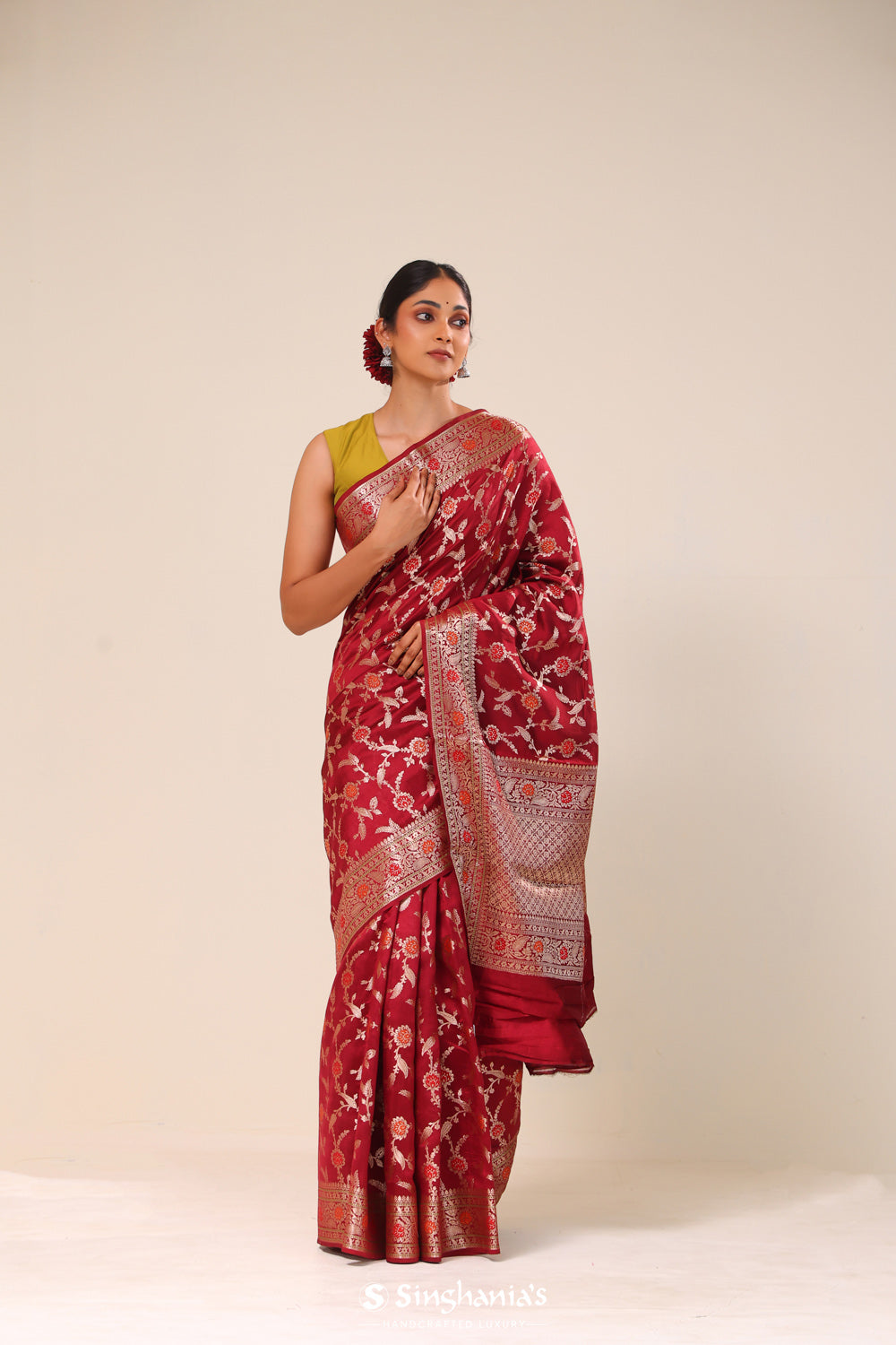 Cherry Red Chiniya Banarasi Silk Saree