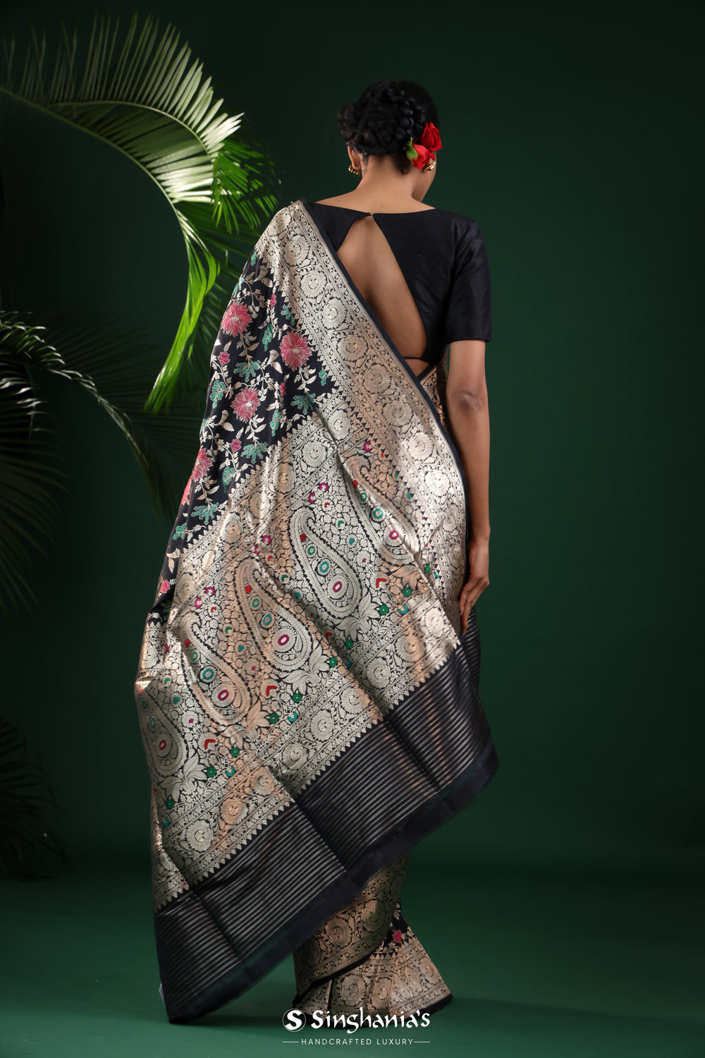 Rich Black Banarasi Silk Saree With Colourful Floral Weaving