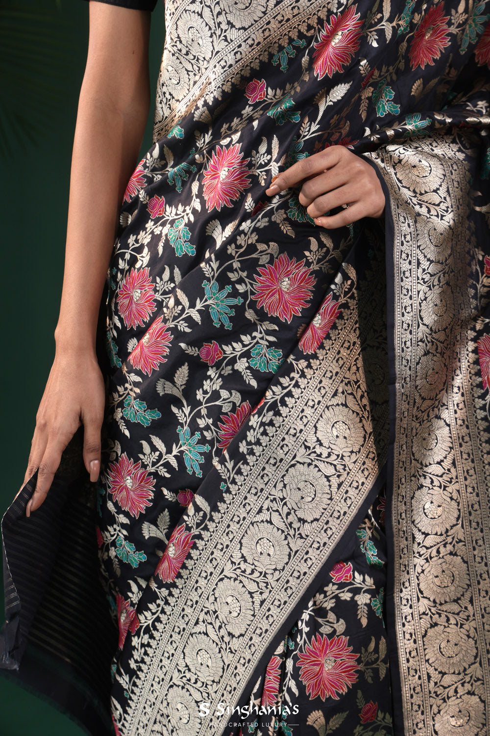 Rich Black Banarasi Silk Saree With Colourful Floral Weaving