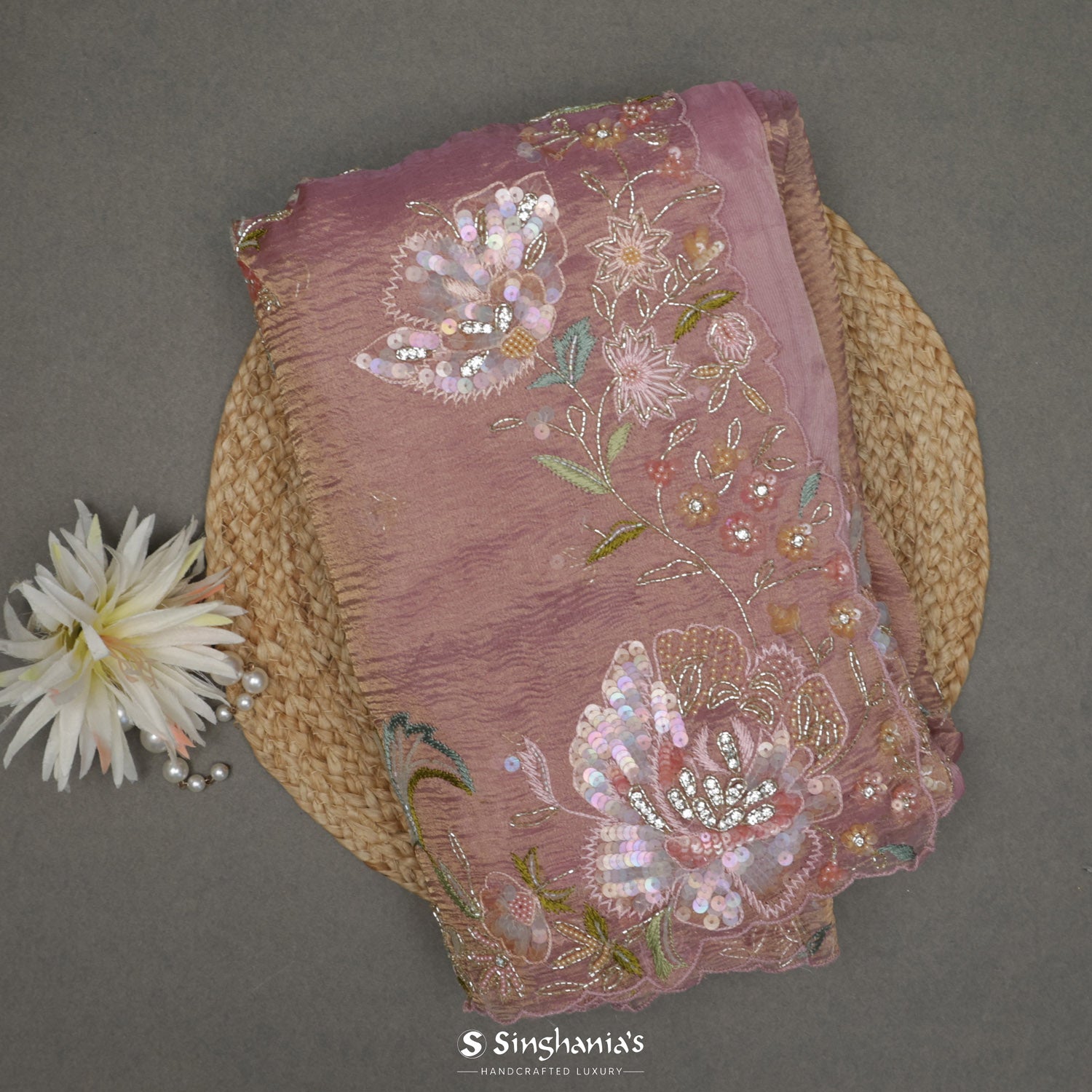 Pastel Pink Crushed Tissue Organza Saree With Butti Embroidery