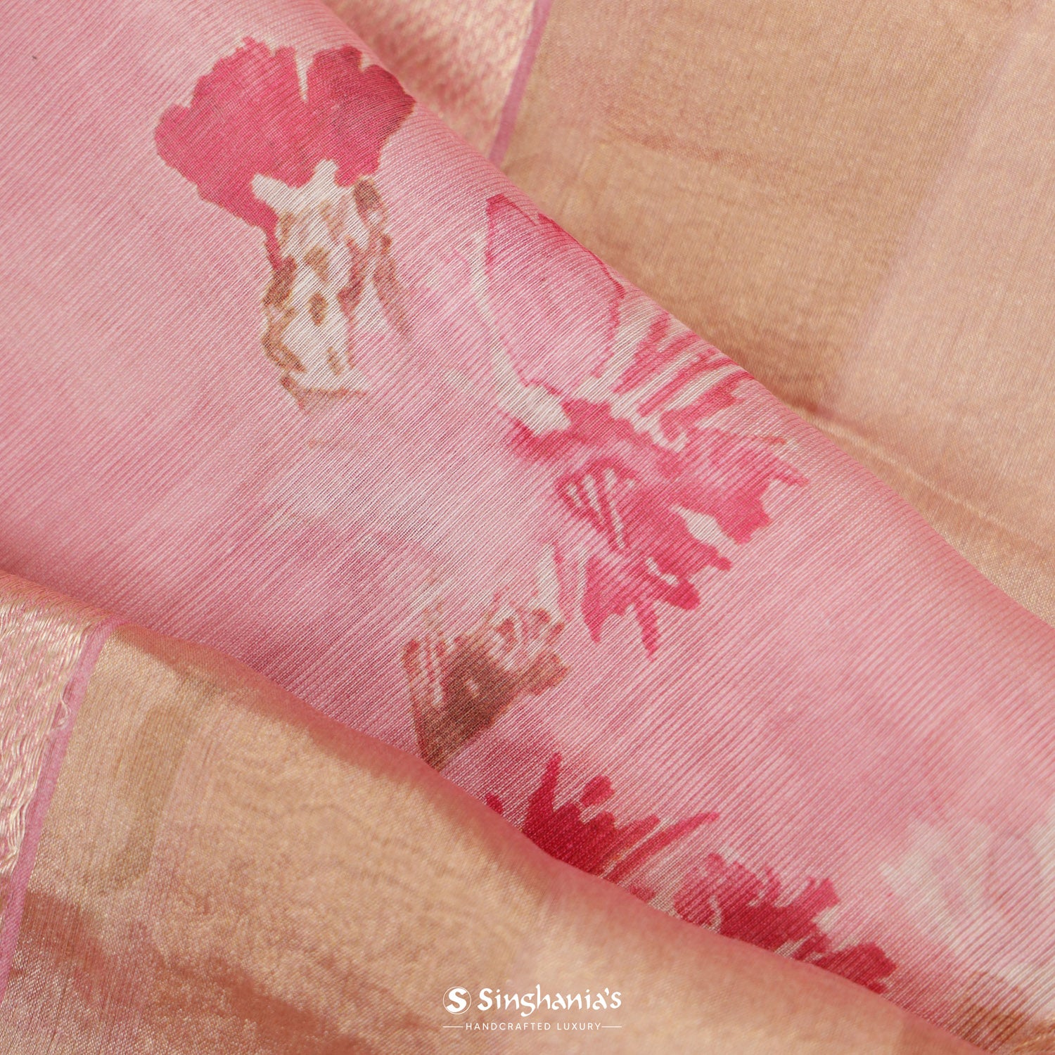 Cherry Blossom Pink Printed Maheshwari Saree With Big Floral Pattern