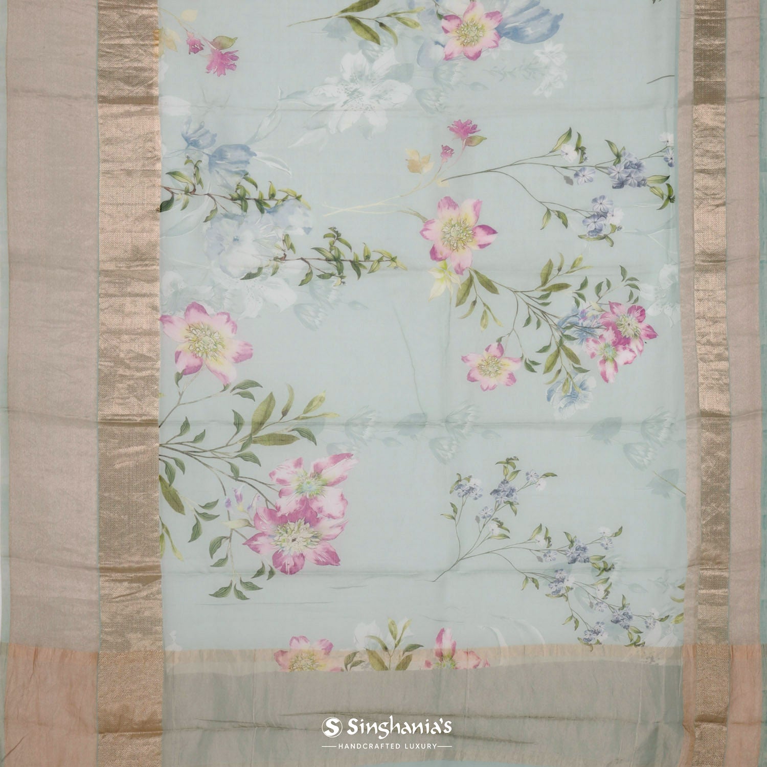 Powder Blue Printed Maheshwari Saree With Floral Pattern