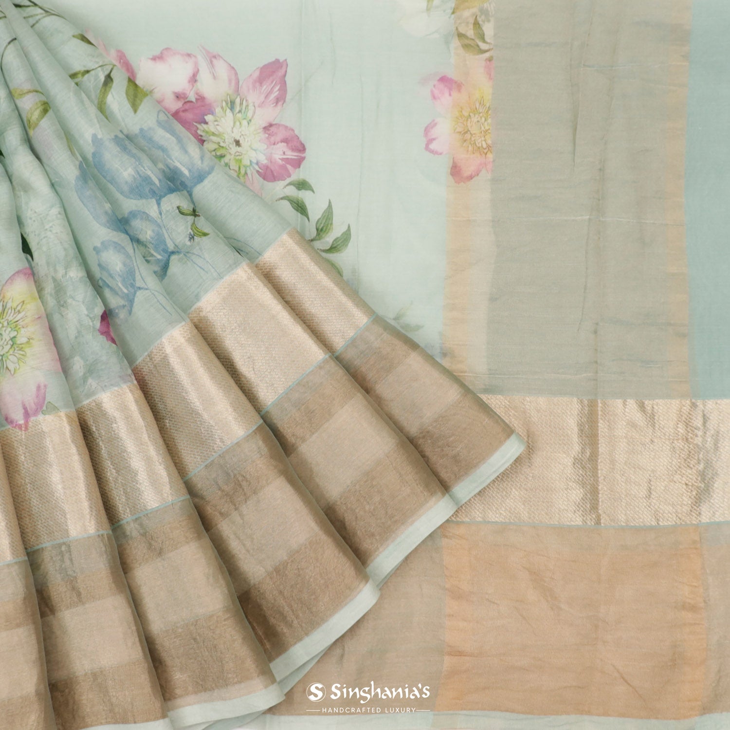 Powder Blue Printed Maheshwari Saree With Floral Pattern